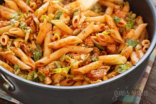 Penne pasta tossed with sauteed brussels sprouts and a quick meat ragu using lean ground turkey and just enough hot Italian pork sausage to enhance the flavor of the sauce. A hearty pasta dish for a crisp Autumn day.