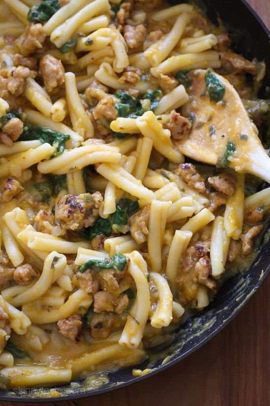 Pasta in a a decadent creamy sauce made from butternut squash, no need for cream! The spicy chicken sausage and sage is the perfect compliment, this pasta dish is filling and comforting on a chilly night.