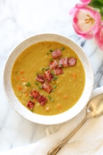 Whenever I make a ham, I always save the ham bone for this delicious pressure cooker Split Pea Soup with Ham recipe.