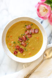 Whenever I make a ham, I always save the ham bone for this delicious pressure cooker Split Pea Soup with Ham recipe.