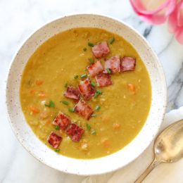 Whenever I make a ham, I always save the ham bone for this delicious pressure cooker Split Pea Soup with Ham recipe.