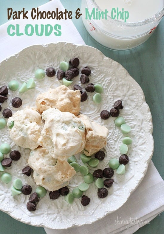 Easy light and airy cookies made with only 5 ingredients! If you like the combination of mint chocolate chip, then you'll love these little meringue clouds.