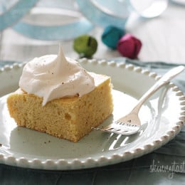 This skinny eggnog cake is so delicious. Simply combine a yellow box cake mix with nutmeg, Chobani, water, egg whites and you'll have a perfect holiday dessert!