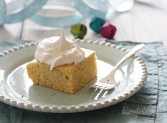 This skinny eggnog cake is so delicious. Simply combine a yellow box cake mix with nutmeg, Chobani, water, egg whites and you'll have a perfect holiday dessert!