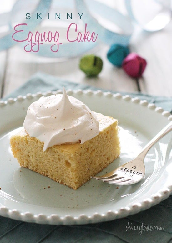 This skinny eggnog cake is so delicious. Simply combine a yellow box cake mix with nutmeg, Chobani, water, egg whites and you'll have a perfect holiday dessert!