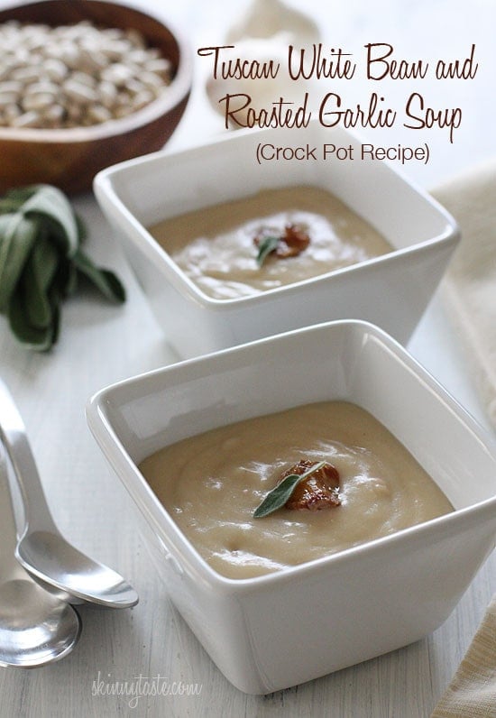 Creamy tuscan white bean soup, with roasted garlic and a touch of sage. So simple and inexpensive to make, and so so good. Leftovers can be frozen.