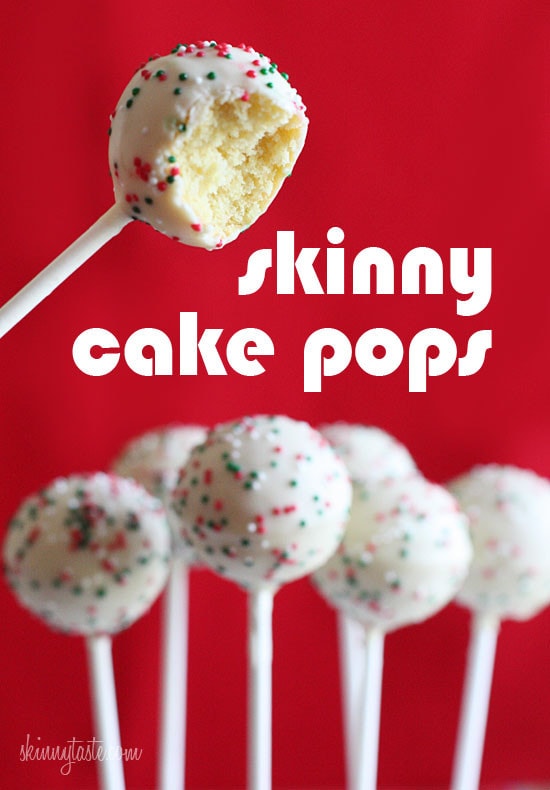These Skinny Cake pops are made lighter by using a box cake mix, egg whites and fat free Greek yogurt – no oil, no butter required!
