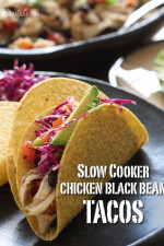 This easy taco recipe requires no pre-cooking, just throw it all in the crock pot and you'll have a delicious weeknight meal. Black beans and chicken breast, simmered in the slow cooker make the perfect filling for tacos, burritos, enchiladas, or even a burrito bowl and it's loaded with fiber.