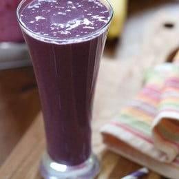 This yummy protein enriched blueberry banana PB smoothie is filled with with frozen blueberries, a banana, and a little Greek yogurt and PB2 for protein.
