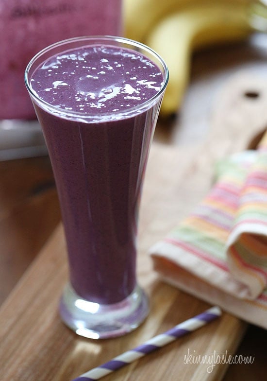 This yummy protein enriched blueberry banana PB smoothie is filled with with frozen blueberries, a banana, and a little Greek yogurt and PB2 for protein.