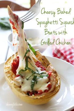 Roasted spaghetti squashed topped with marinara sauce, grilled chicken, melted mozzarella and some fresh basil. I had a hard time naming this one, but I think you get the point.