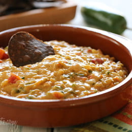 A zesty chunky cheese dip with chunks of tomatoes, hot peppers, garlic, onions, lime juice, cilantro and spices. Get the chips ready, this stuff is good while it's hot!