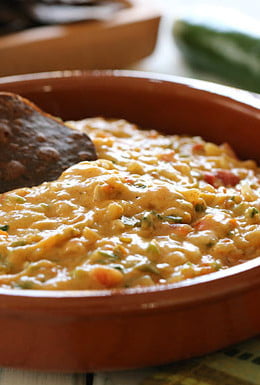 A zesty chunky cheese dip with chunks of tomatoes, hot peppers, garlic, onions, lime juice, cilantro and spices. Get the chips ready, this stuff is good while it's hot!