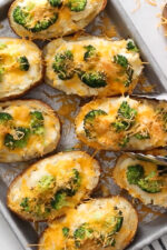 Twice Baked Potatoes with Broccoli and Cheese on a sheet pan