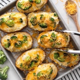 Twice Baked Potatoes with Broccoli and Cheese on a sheet pan