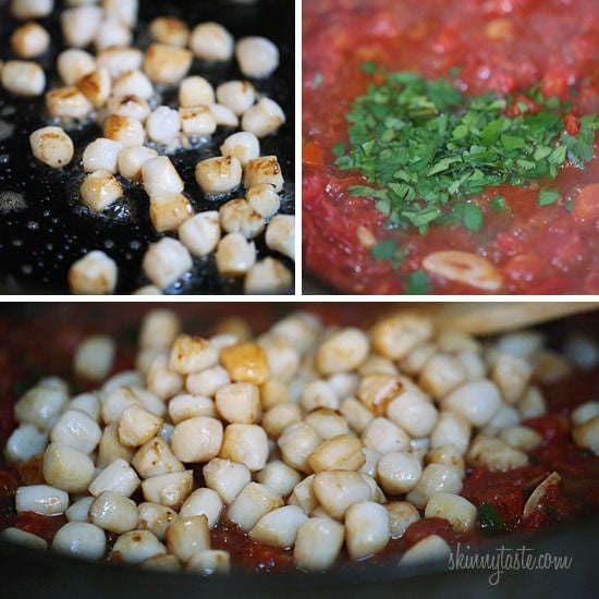 Sauteed bay scallops with tomatoes and a touch of white wine and lemon juice served over angel hair pasta.