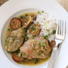 A chicken and sausage stew made with skinless chicken legs and spicy andouille sausage simmered with flavors from the deep south – without the extra fat.