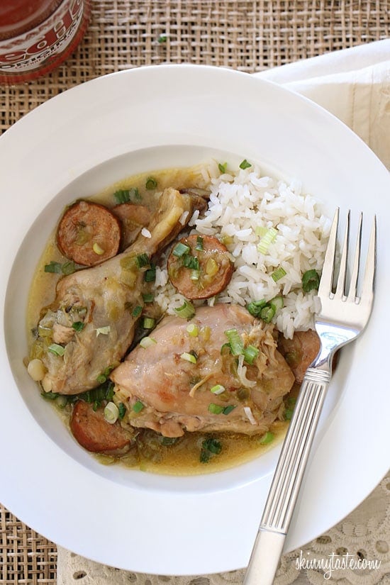 A chicken and sausage stew made with skinless chicken legs and spicy andouille sausage simmered with flavors from the deep south – without the extra fat.