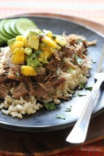Slow Cooker Jerk Pork with Caribbean Salsa is a delicious pork roast, marinated overnight with fresh citrus juice, garlic, and jerk seasoning. Topped with a bright Caribbean salsa of fresh mangoes, avocado and cilantro.