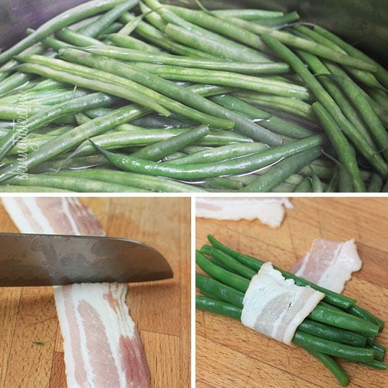 Pretty little bundles of bacon wrapped French "green beans" known as Haricot verts which are longer and thinner than the typical American green beans. Of course, American green beans will work just fine here too.