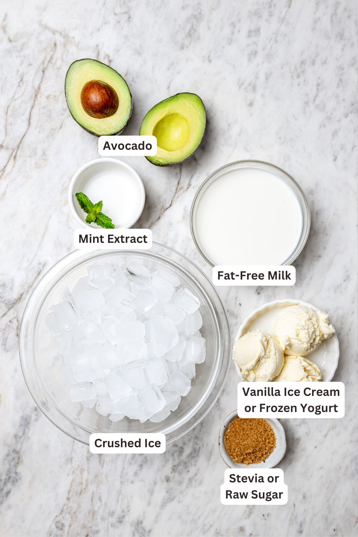 Overhead view of shamrock shake ingredients with labels