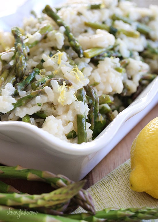 Creamy risotto, cooked with Spring asparagus, fresh herbs, Parmigiano-Reggiano and a touch of lemon. Perfect as a meatless main dish if you use vegetable broth, or wonderful as a side with grilled shrimp.