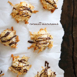 Last yaI took last year's plain coconut macaroons and drizzled them with a little chocolate to satisfy my craving. I reduced the sugar a little to compensate for the chocolate and drizzled some chocolate over them once they were done.ear I posted a recipe for plain coconut macaroons, but this year I was craving them drizzled with a little chocolate, so I reduced the sugar a little to compensate for the chocolate and drizzled some chocolate over them once they were done.