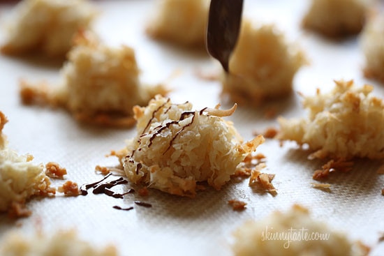 I took last year's plain coconut macaroons and drizzled them with a little chocolate to satisfy my craving. I reduced the sugar a little to compensate for the chocolate and drizzled some chocolate over them once they were done.