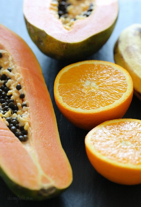 A sunlit, vitamin-packed tropical fruit shake made with pink-hued papayas, fresh squeezed oranges and bananas.