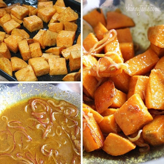 Kumara tandoori salad made of roasted sweet potatoes, seasoned with curry and spices, then tossed with bell peppers, baby spinach and a flavorful vinaigrette.