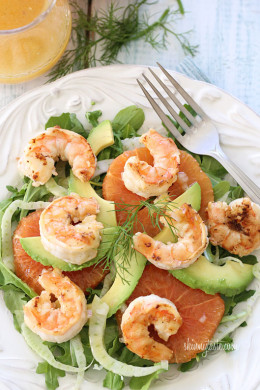 Grilled shrimp, slices of avocado, shaved fennel and oranges are served over baby kale and mixed greens then topped with a citrus vinaigrette.