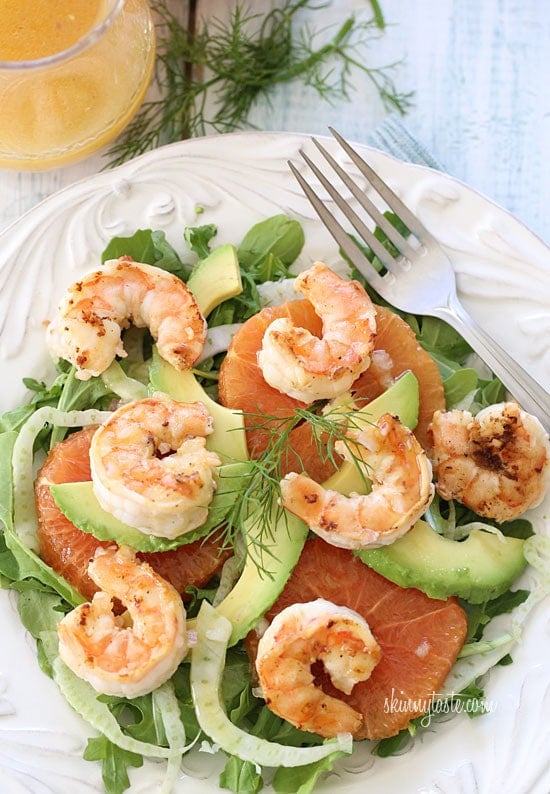 Grilled shrimp, slices of avocado, shaved fennel and oranges are served over baby kale and mixed greens then topped with a citrus vinaigrette.