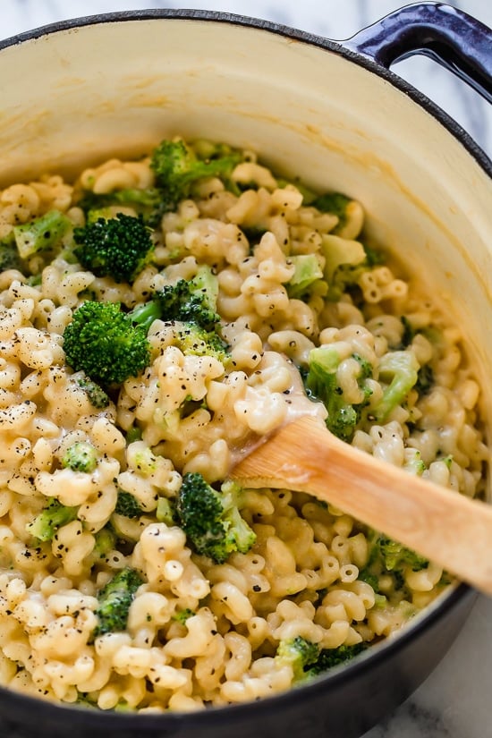 This homemade, lightened up baked mac and cheese recipe adds broccoli to the mix, a great way to sneak veggies in a kid's favorite dish!