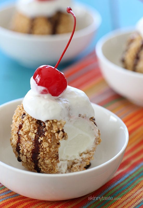 Fried Ice Cream, a dessert made from a breaded scoop of ice cream that is typically quickly deep-fried, creating a crispy shell around a cold scoop of ice cream. This lighter version isn't fried, but oh-my-word, I can't tell you how good this is!