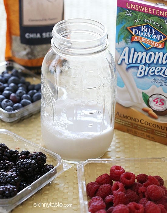 I LOVE chia pudding! And what can be easier than throwing a few chia seeds into a jar with fresh fruit berries and almond milk and giving it a good shake!