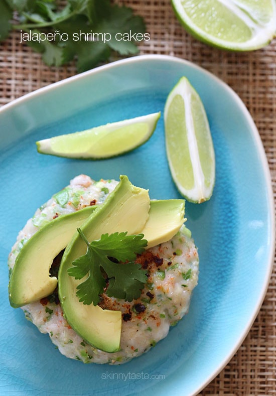 These shrimp cakes are light and delicious, made with jalapenos, scallions, and cilantro then topped with a little fresh lime juice and a few slices of avocado. Serve this over a bed of greens for a quick, light summer meal.