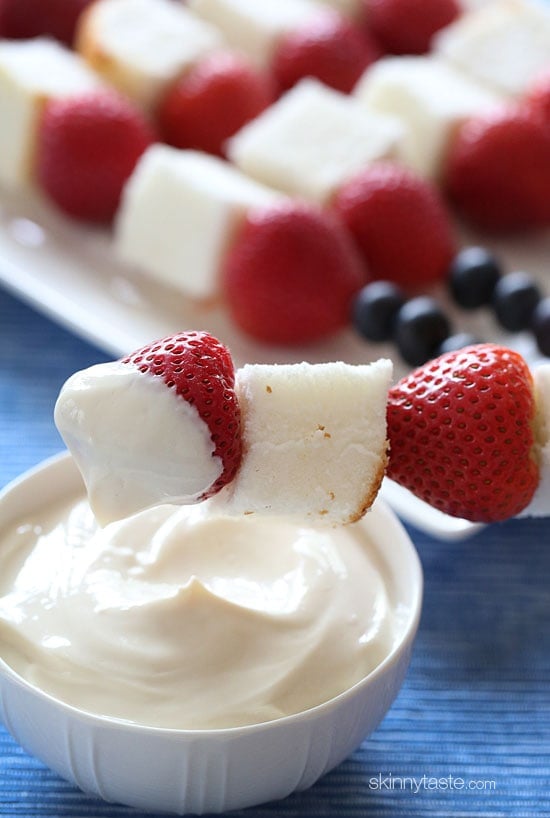 If you need a quick dessert that doesn't require much work, it doesn't get easier than this! These fresh strawberry, blueberry and angel food cake skewers are perfect for Memorial Day.
