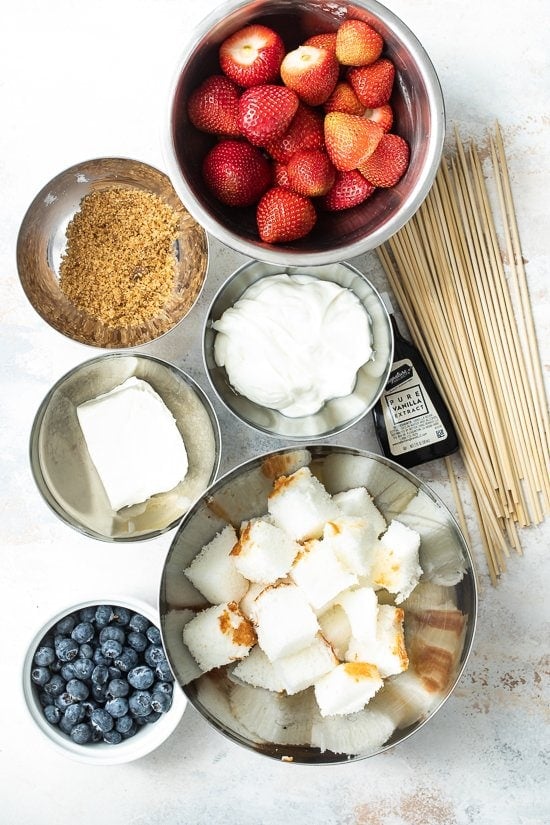 Red White and Blue Fruit Skewers with Cheesecake Yogurt Dip
