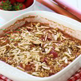 This healthy baked oatmeal with strawberries, rhubarb and slivered almonds is so good you'll almost think you are having dessert for breakfast!