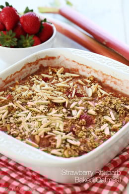 This healthy baked oatmeal with strawberries, rhubarb and slivered almonds is so good you'll almost think you are having dessert for breakfast!