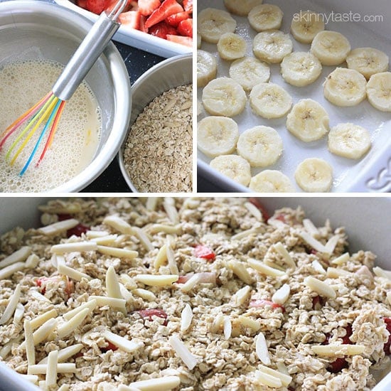This healthy baked oatmeal with strawberries, rhubarb and slivered almonds is so good you'll almost think you are having dessert for breakfast!