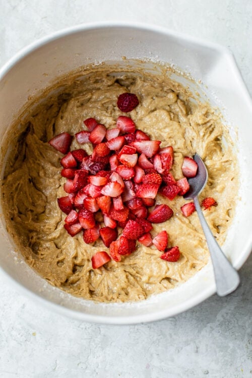 Roasted Strawberries in Banana Bread batter