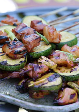 Grilled Chicken and Zucchini Yakitori – Japanese inspired grilled chicken and zucchini skewers marinated with yakitori sauce and threaded onto bamboo sticks with green onions. 