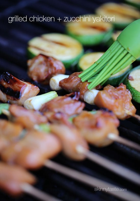 Grilled Chicken and Zucchini Yakitori – Japanese inspired grilled chicken and zucchini skewers marinated with yakitori sauce and threaded onto bamboo sticks with green onions.