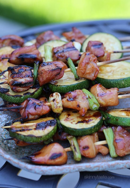Grilled Chicken and Zucchini Yakitori – Japanese inspired grilled chicken and zucchini skewers marinated with yakitori sauce and threaded onto bamboo sticks with green onions.