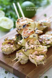Grilled shrimp on skewers seasoned with cumin, garlic and finished with fresh squeezed lime juice and cilantro.