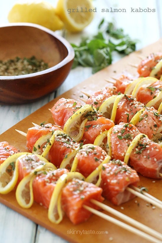 Salmon Kebabs These healthy salmon and lemon kebabs are delicious and easy to make, loaded with omega 3s in every bite! Seasoned with fresh herbs, lemon, and spices and grilled to perfection.