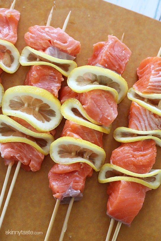Salmon Kebabs These healthy salmon and lemon kebabs are delicious and easy to make, loaded with omega 3s in every bite! Seasoned with fresh herbs, lemon, and spices and grilled to perfection.