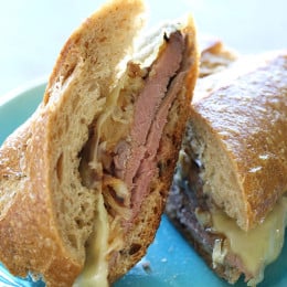 If only this photo could capture just how incredibly delicious this garlic infused roast beef sandwich is with melted Swiss cheese and sweet caramelized onions!