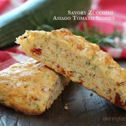 Light and biscuit-like savory scones made with a blend of whole wheat and white flour, shredded zucchini, sun dried tomato, Asiago cheese and fresh rosemary.